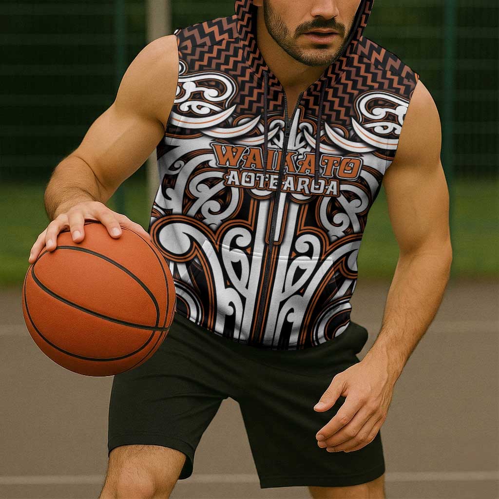 Custom Aotearoa Waikato Sleeveless Zip Hoodie Maori Tribal Pattern Mix Poutama