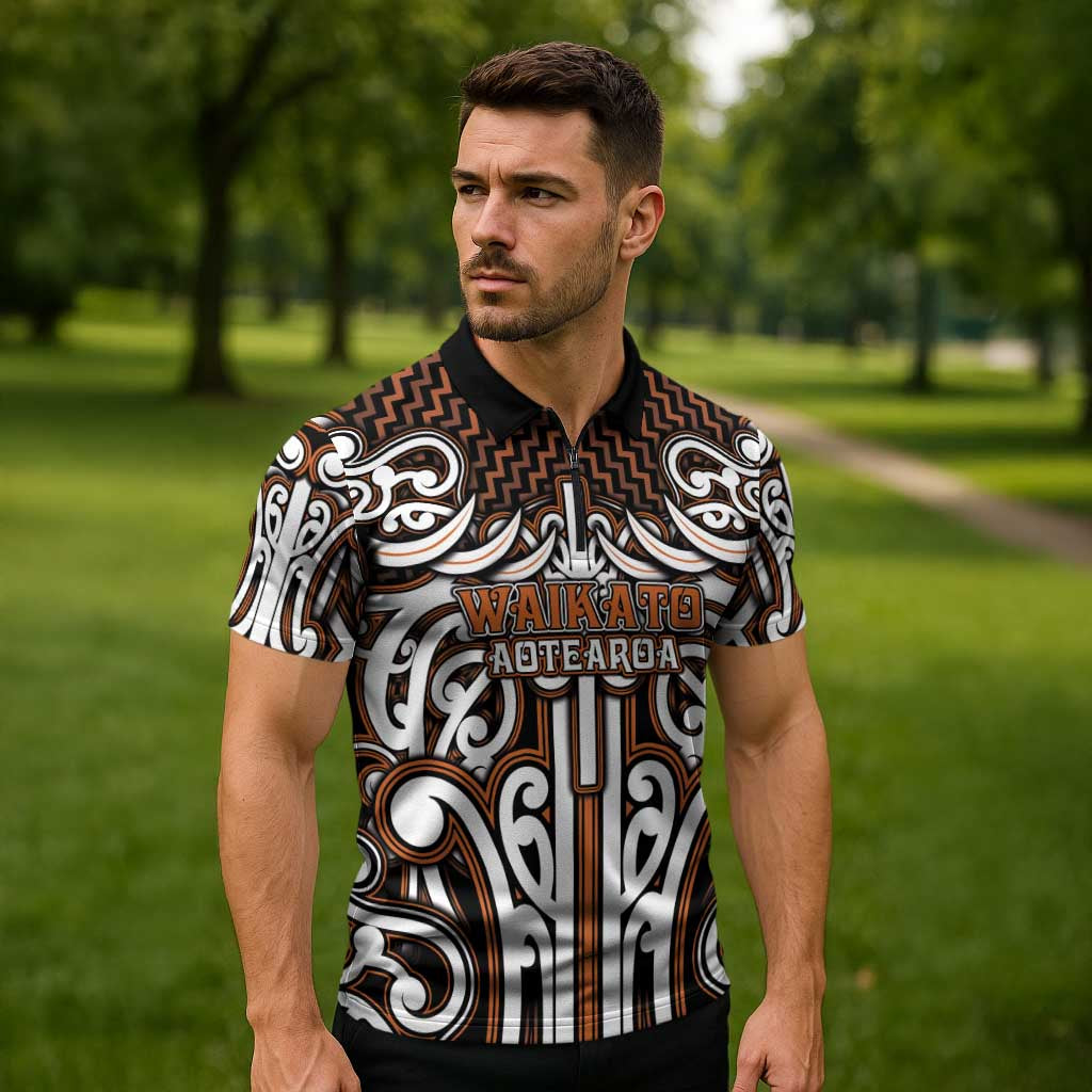 Custom Aotearoa Waikato Zipper Polo Shirt Maori Tribal Pattern Mix Poutama