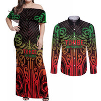 Custom Aotearoa Tuhoe Couples Matching Off Shoulder Maxi Dress and Long Sleeve Button Shirt Maori Tribal Pattern Mix Poutama