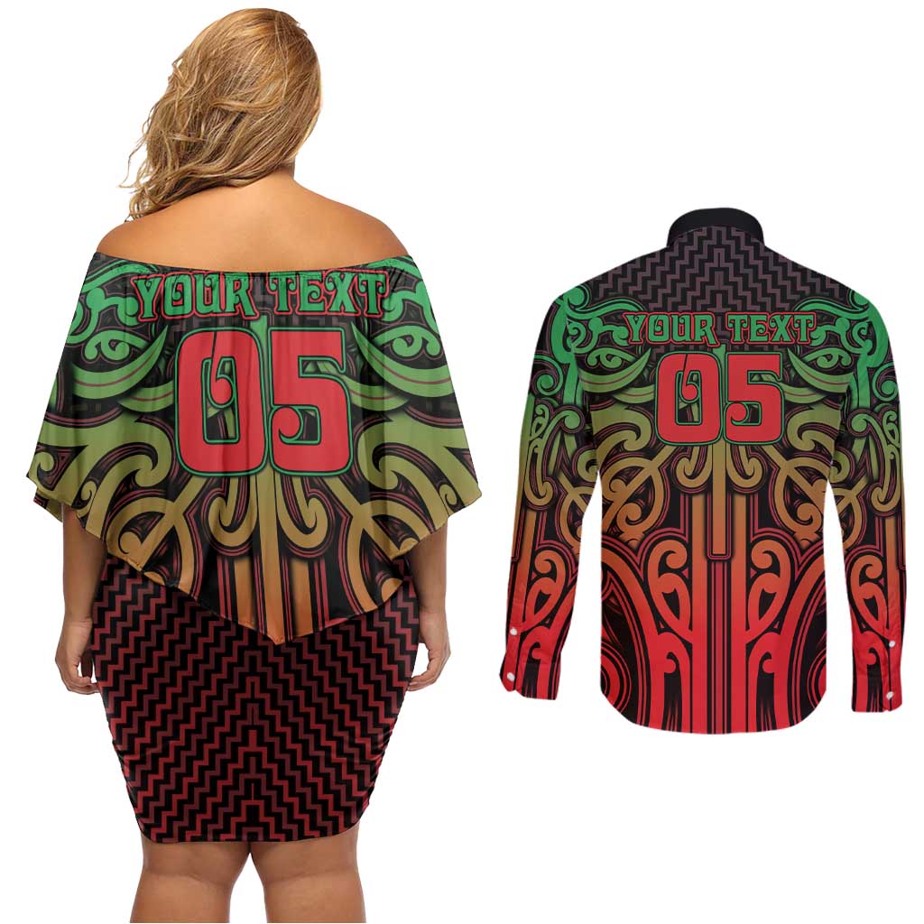Custom Aotearoa Tuhoe Couples Matching Off Shoulder Short Dress and Long Sleeve Button Shirt Maori Tribal Pattern Mix Poutama