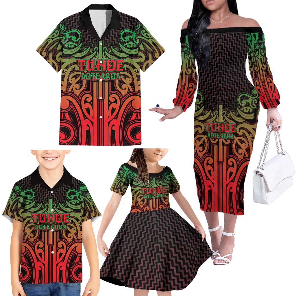 Custom Aotearoa Tuhoe Family Matching Off The Shoulder Long Sleeve Dress and Hawaiian Shirt Maori Tribal Pattern Mix Poutama