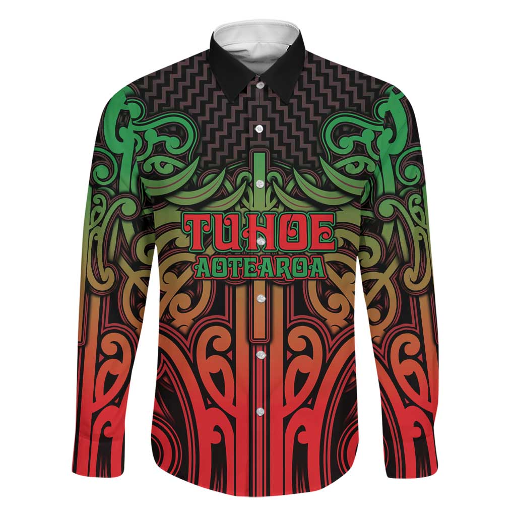 Custom Aotearoa Tuhoe Family Matching Off The Shoulder Long Sleeve Dress and Hawaiian Shirt Maori Tribal Pattern Mix Poutama LT05 Dad's Shirt - Long Sleeve Black - Polynesian Pride