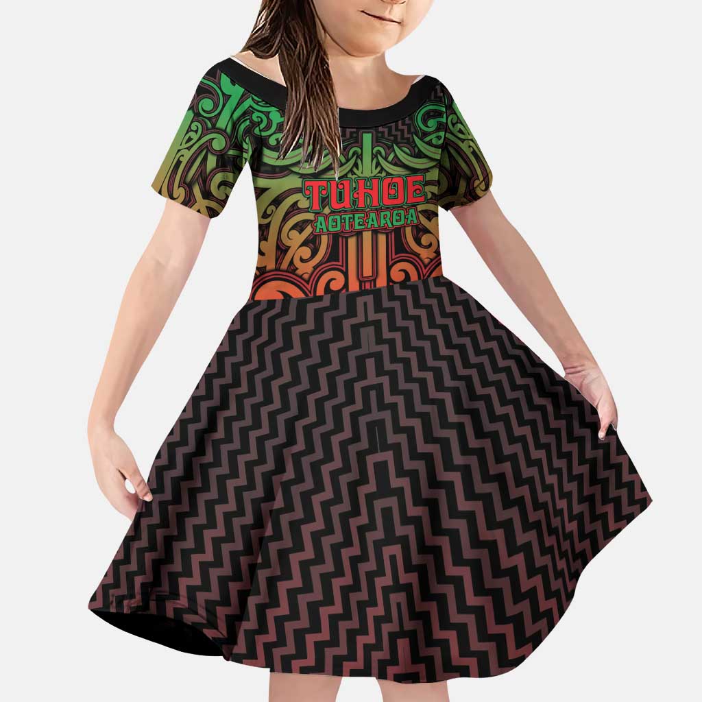 Custom Aotearoa Tuhoe Family Matching Off Shoulder Maxi Dress and Hawaiian Shirt Maori Tribal Pattern Mix Poutama LT05 Daughter's Dress Black - Polynesian Pride
