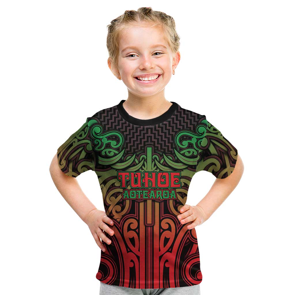 Custom Aotearoa Tuhoe Kid T Shirt Maori Tribal Pattern Mix Poutama