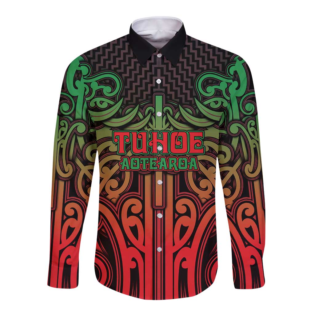 Custom Aotearoa Tuhoe Long Sleeve Button Shirt Maori Tribal Pattern Mix Poutama