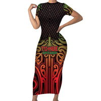 Custom Aotearoa Tuhoe Short Sleeve Bodycon Dress Maori Tribal Pattern Mix Poutama