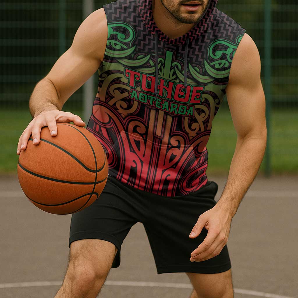 Custom Aotearoa Tuhoe Sleeveless Hoodie Maori Tribal Pattern Mix Poutama