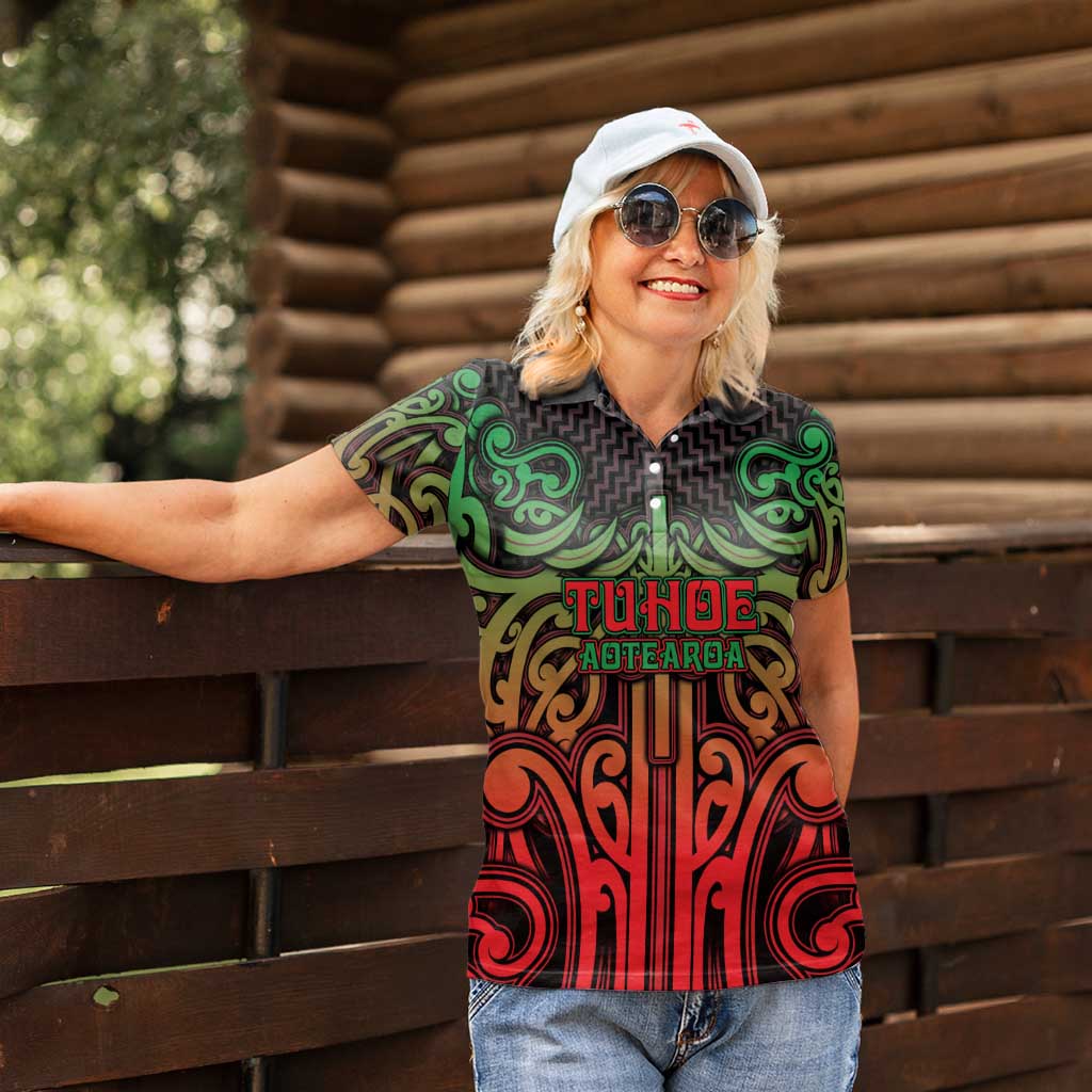 Custom Aotearoa Tuhoe Women Polo Shirt Maori Tribal Pattern Mix Poutama