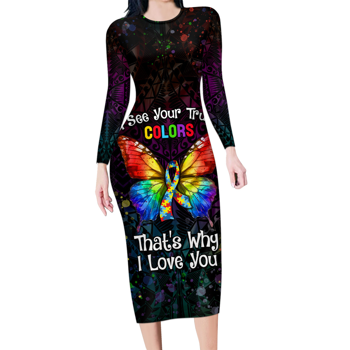 I See Your True Colors Personalised Family Matching Long Sleeve Bodycon Dress and Hawaiian Shirt Autism Awareness LT05 Mom's Dress Black - Polynesian Pride