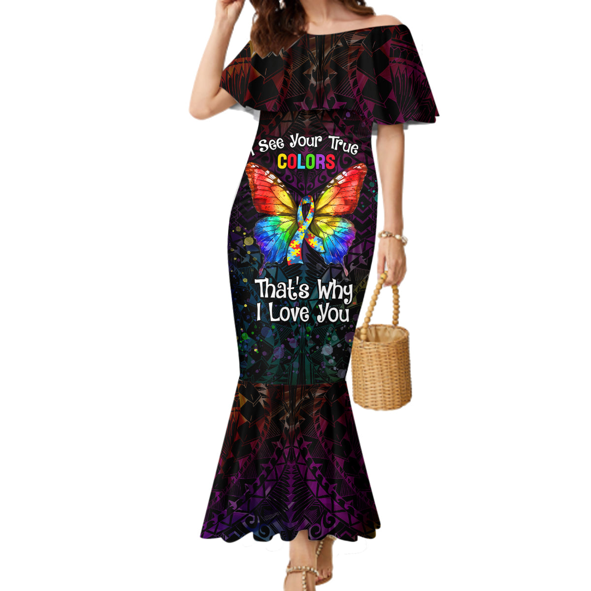 I See Your True Colors Personalised Family Matching Mermaid Dress and Hawaiian Shirt Autism Awareness LT05 Mom's Dress Black - Polynesian Pride