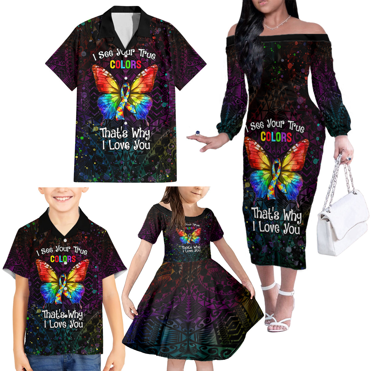 I See Your True Colors Personalised Family Matching Off The Shoulder Long Sleeve Dress and Hawaiian Shirt Autism Awareness LT05 - Polynesian Pride