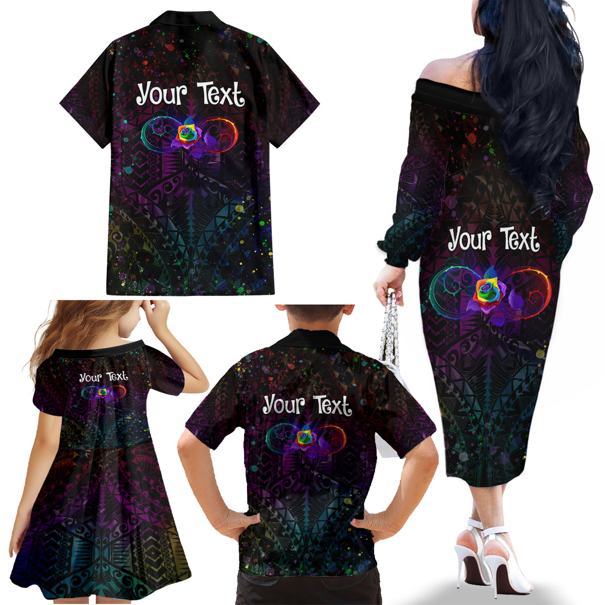 I See Your True Colors Personalised Family Matching Off The Shoulder Long Sleeve Dress and Hawaiian Shirt Autism Awareness LT05 - Polynesian Pride