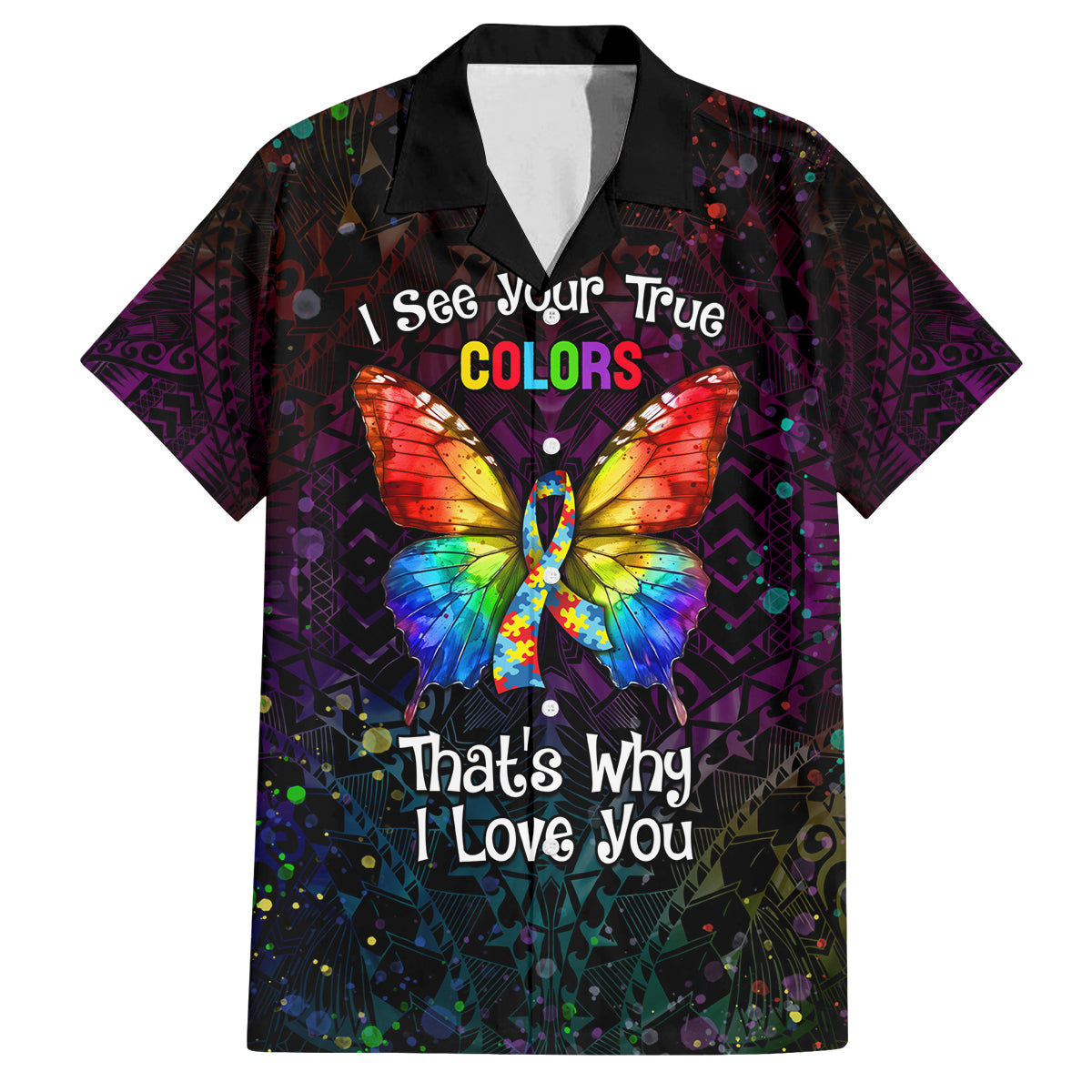 I See Your True Colors Personalised Family Matching Off The Shoulder Long Sleeve Dress and Hawaiian Shirt Autism Awareness LT05 Dad's Shirt - Short Sleeve Black - Polynesian Pride