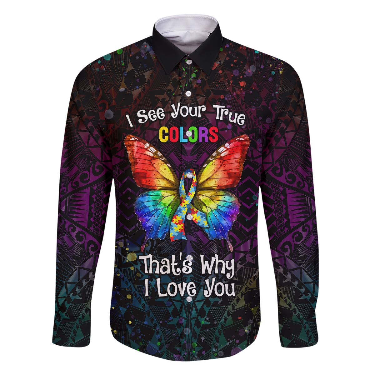 I See Your True Colors Personalised Family Matching Off The Shoulder Long Sleeve Dress and Hawaiian Shirt Autism Awareness LT05 Dad's Shirt - Long Sleeve Black - Polynesian Pride