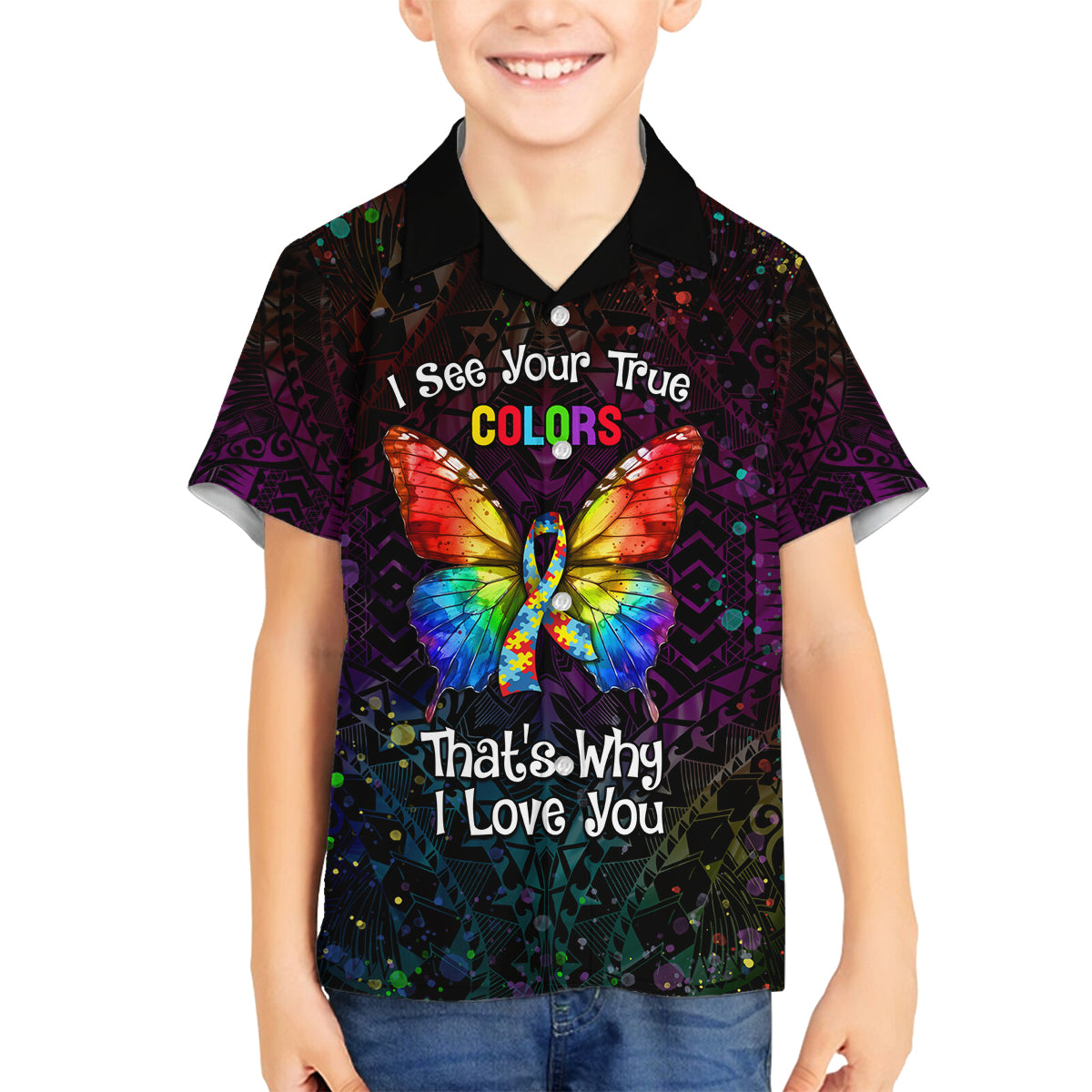 I See Your True Colors Personalised Family Matching Off The Shoulder Long Sleeve Dress and Hawaiian Shirt Autism Awareness LT05 Son's Shirt Black - Polynesian Pride