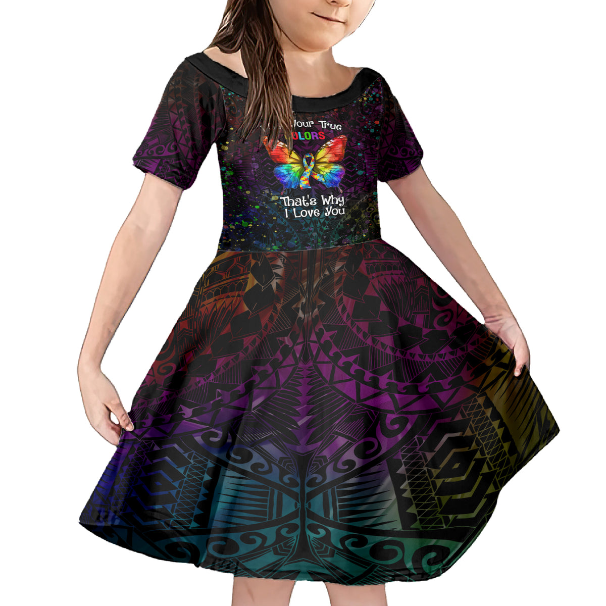 I See Your True Colors Personalised Family Matching Short Sleeve Bodycon Dress and Hawaiian Shirt Autism Awareness LT05 Daughter's Dress Black - Polynesian Pride