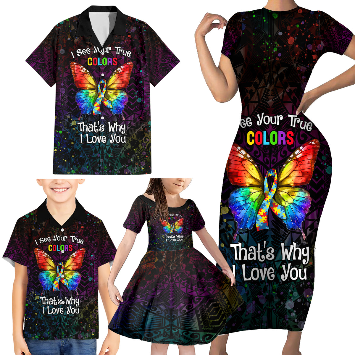 I See Your True Colors Personalised Family Matching Short Sleeve Bodycon Dress and Hawaiian Shirt Autism Awareness LT05 - Polynesian Pride