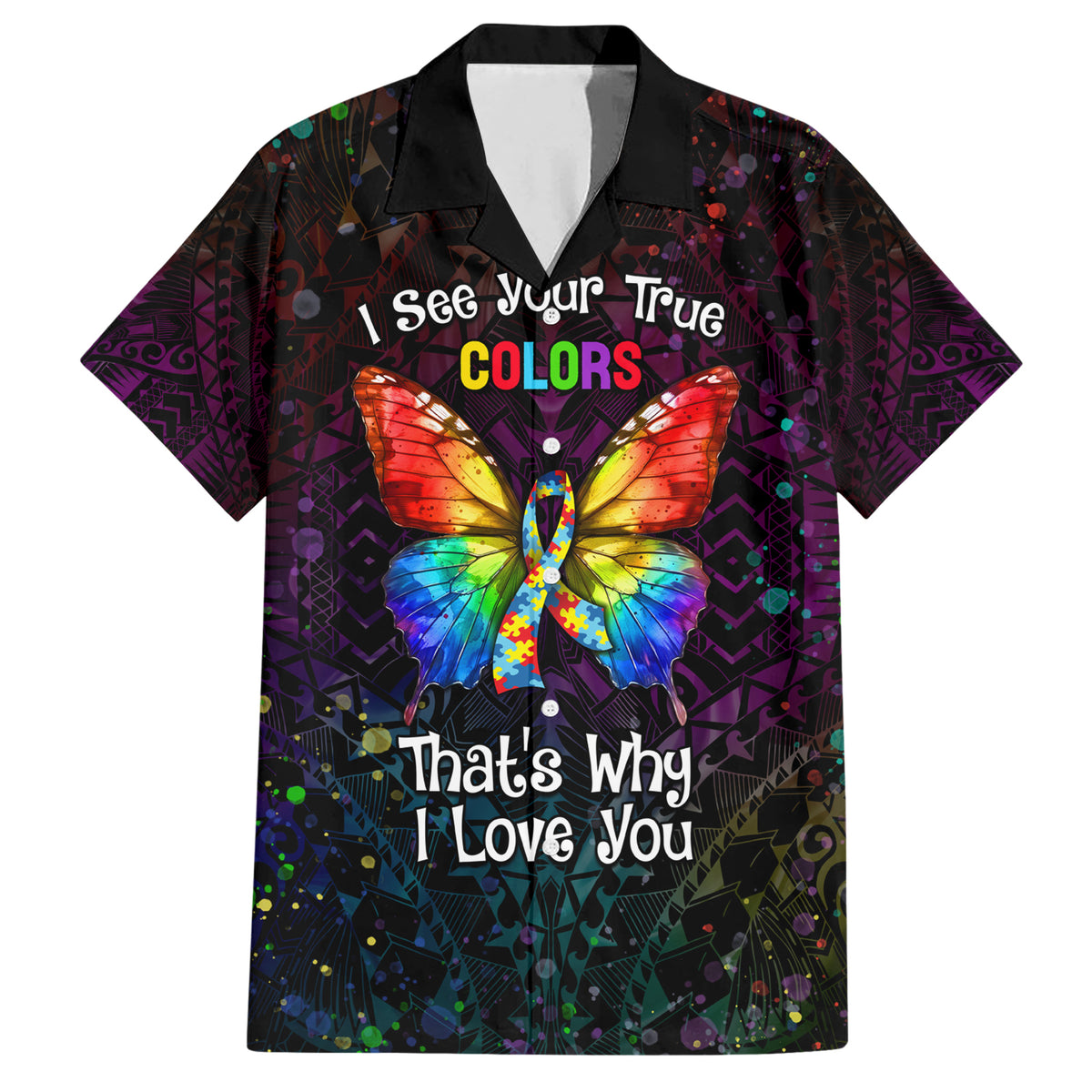 I See Your True Colors Personalised Family Matching Short Sleeve Bodycon Dress and Hawaiian Shirt Autism Awareness LT05 Dad's Shirt - Short Sleeve Black - Polynesian Pride