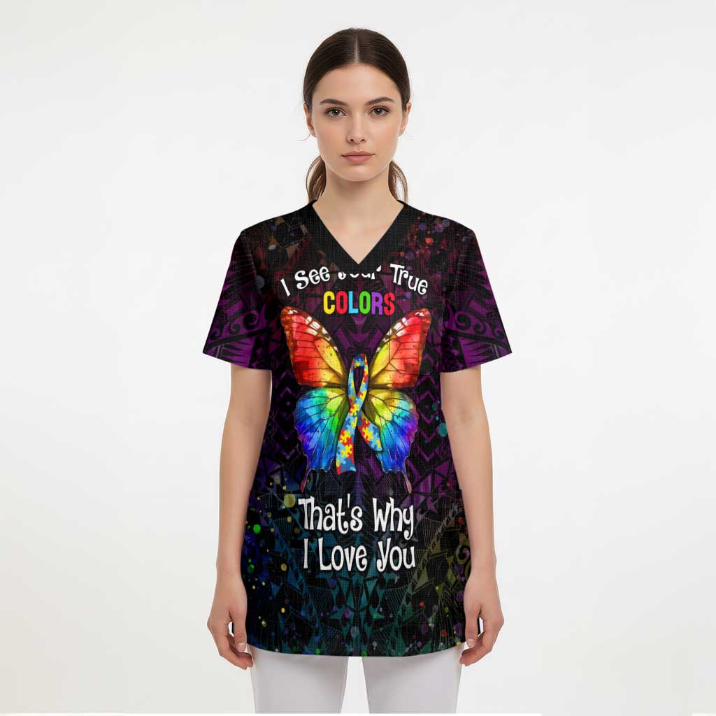 I See Your True Colors Personalised Scrub Top Autism Awareness - Polynesian Pride