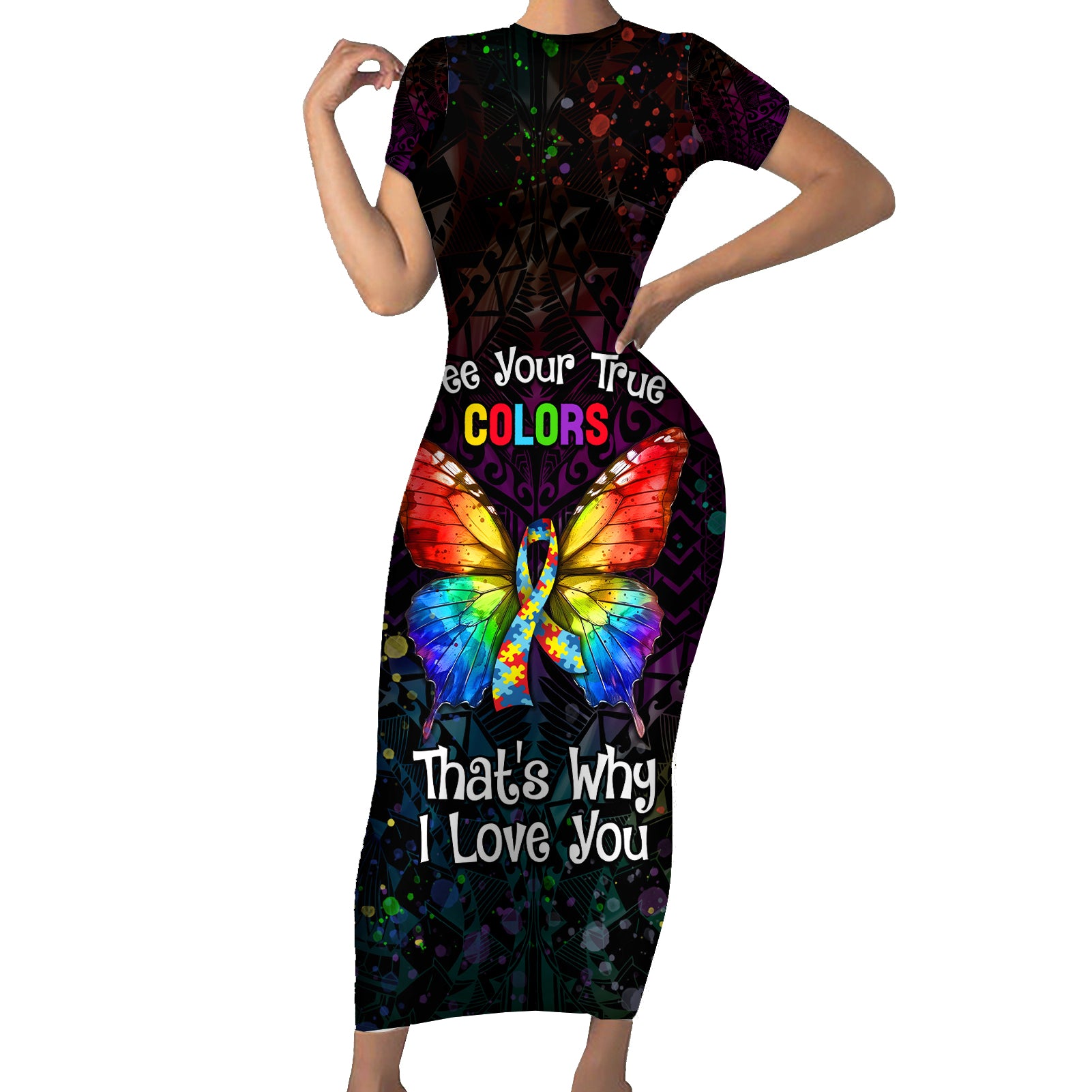 I See Your True Colors Personalised Short Sleeve Bodycon Dress Autism Awareness