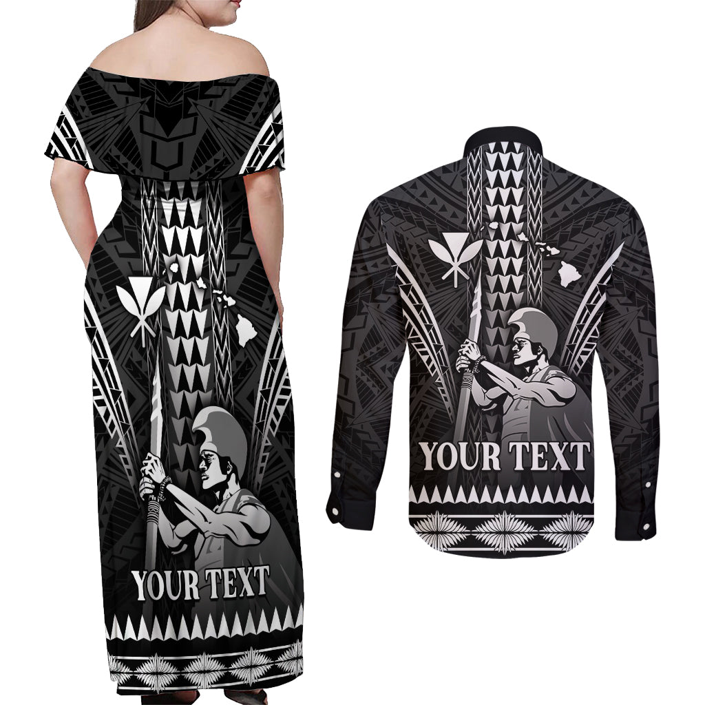 Personalised Hawaii Happy King Kamehameha Day Couples Matching Off Shoulder Maxi Dress and Long Sleeve Button Shirt Kakau Pattern