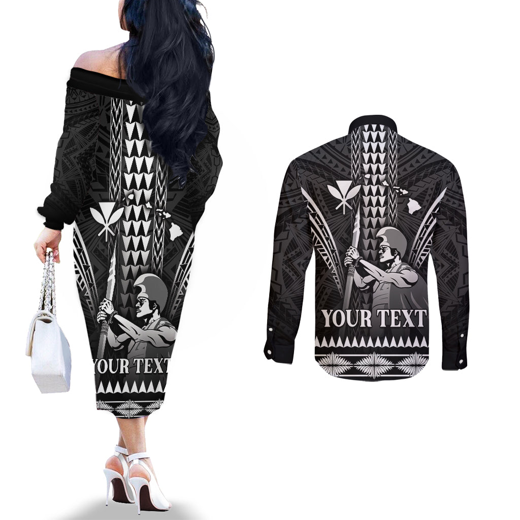 Personalised Hawaii Happy King Kamehameha Day Couples Matching Off The Shoulder Long Sleeve Dress and Long Sleeve Button Shirt Kakau Pattern
