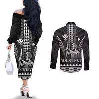 Personalised Hawaii Happy King Kamehameha Day Couples Matching Off The Shoulder Long Sleeve Dress and Long Sleeve Button Shirt Kakau Pattern