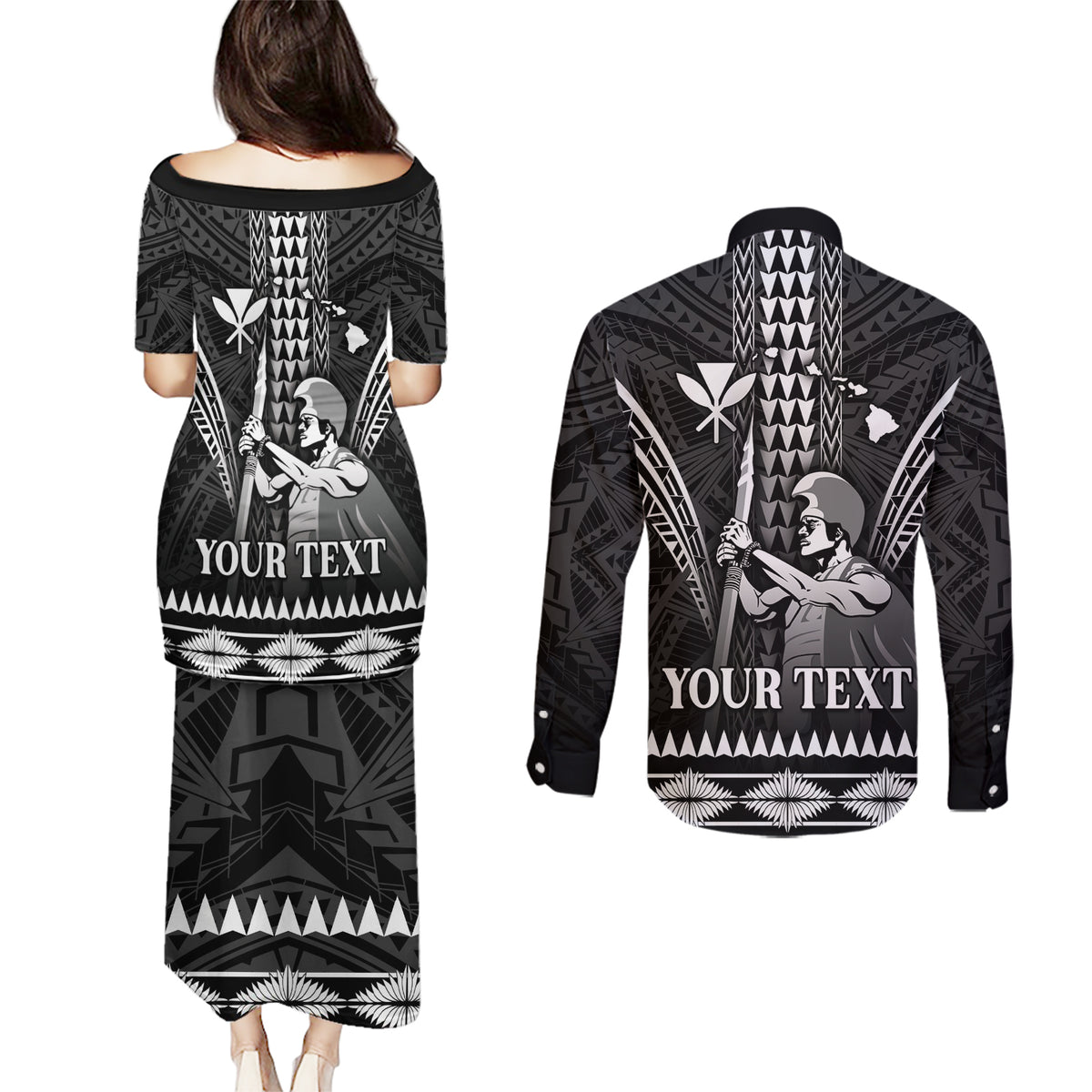Personalised Hawaii Happy King Kamehameha Day Couples Matching Puletasi and Long Sleeve Button Shirt Kakau Pattern