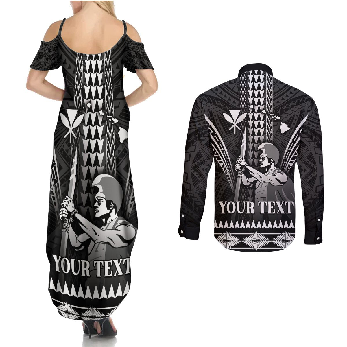 Personalised Hawaii Happy King Kamehameha Day Couples Matching Summer Maxi Dress and Long Sleeve Button Shirt Kakau Pattern
