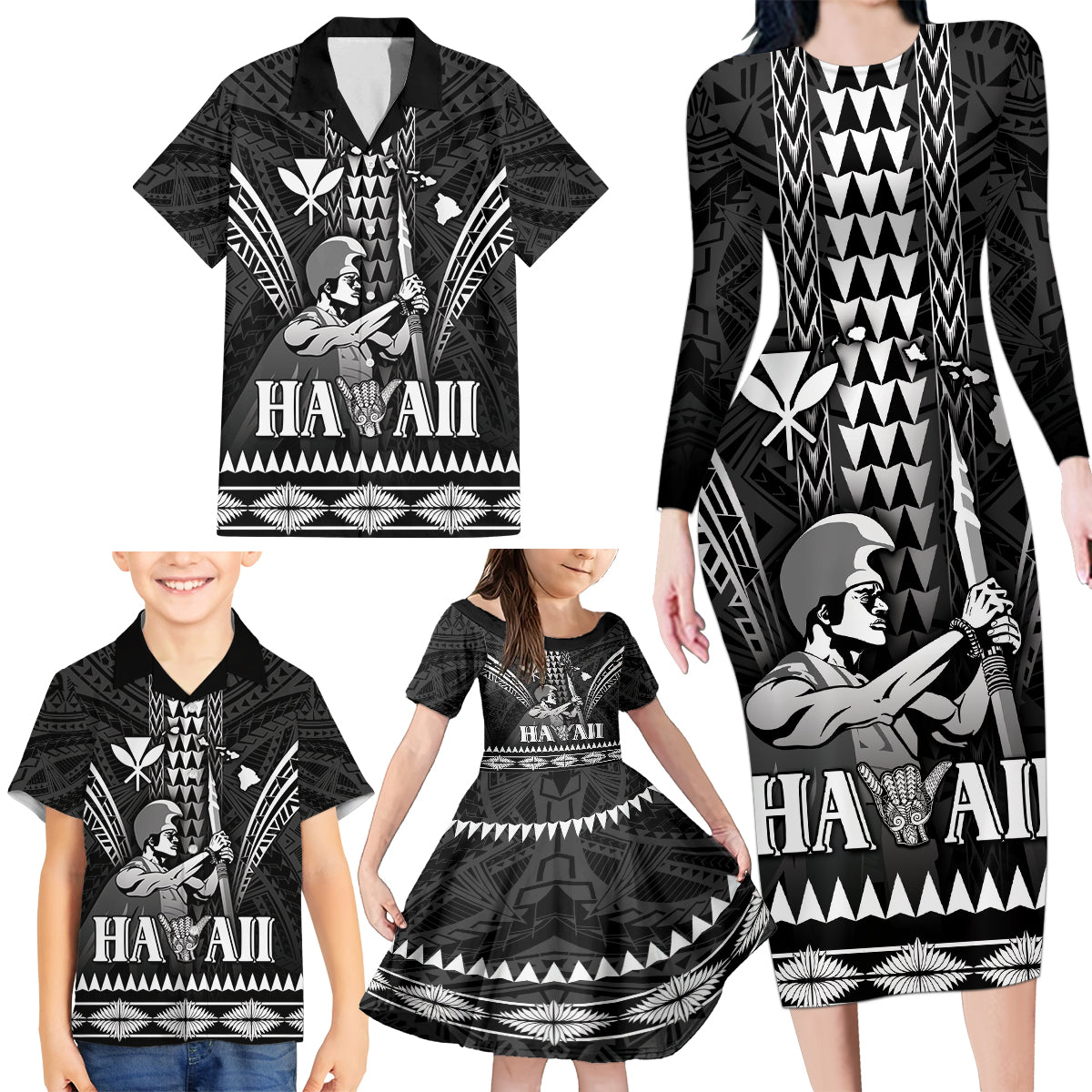 Personalised Hawaii Happy King Kamehameha Day Family Matching Long Sleeve Bodycon Dress and Hawaiian Shirt Kakau Pattern LT05 - Polynesian Pride