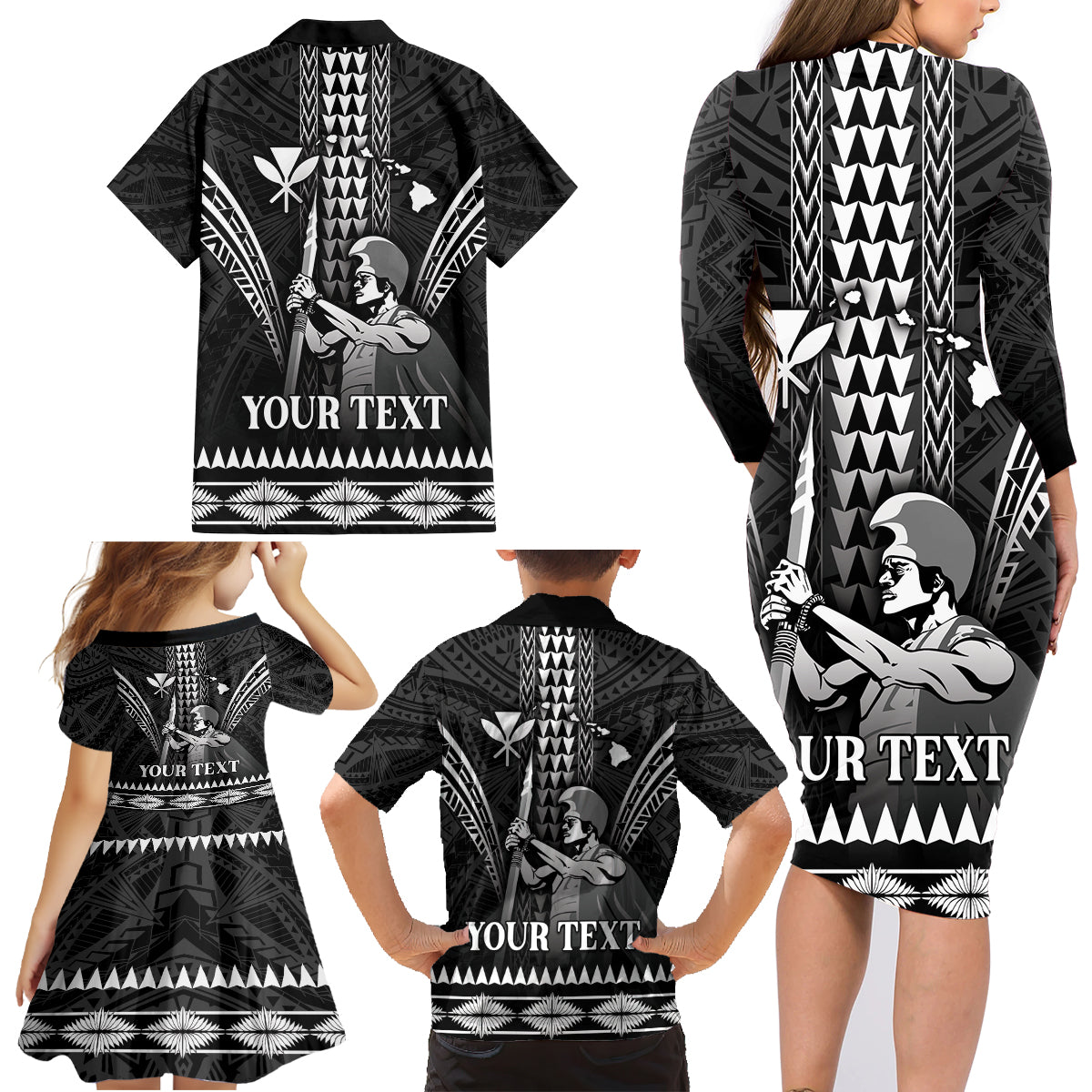 Personalised Hawaii Happy King Kamehameha Day Family Matching Long Sleeve Bodycon Dress and Hawaiian Shirt Kakau Pattern LT05 - Polynesian Pride