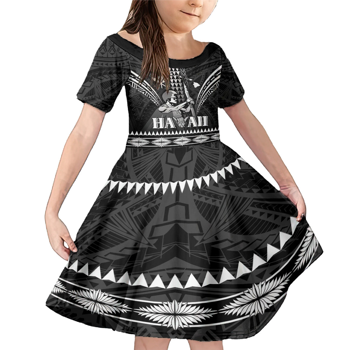 Personalised Hawaii Happy King Kamehameha Day Family Matching Mermaid Dress and Hawaiian Shirt Kakau Pattern LT05 Daughter's Dress Black - Polynesian Pride