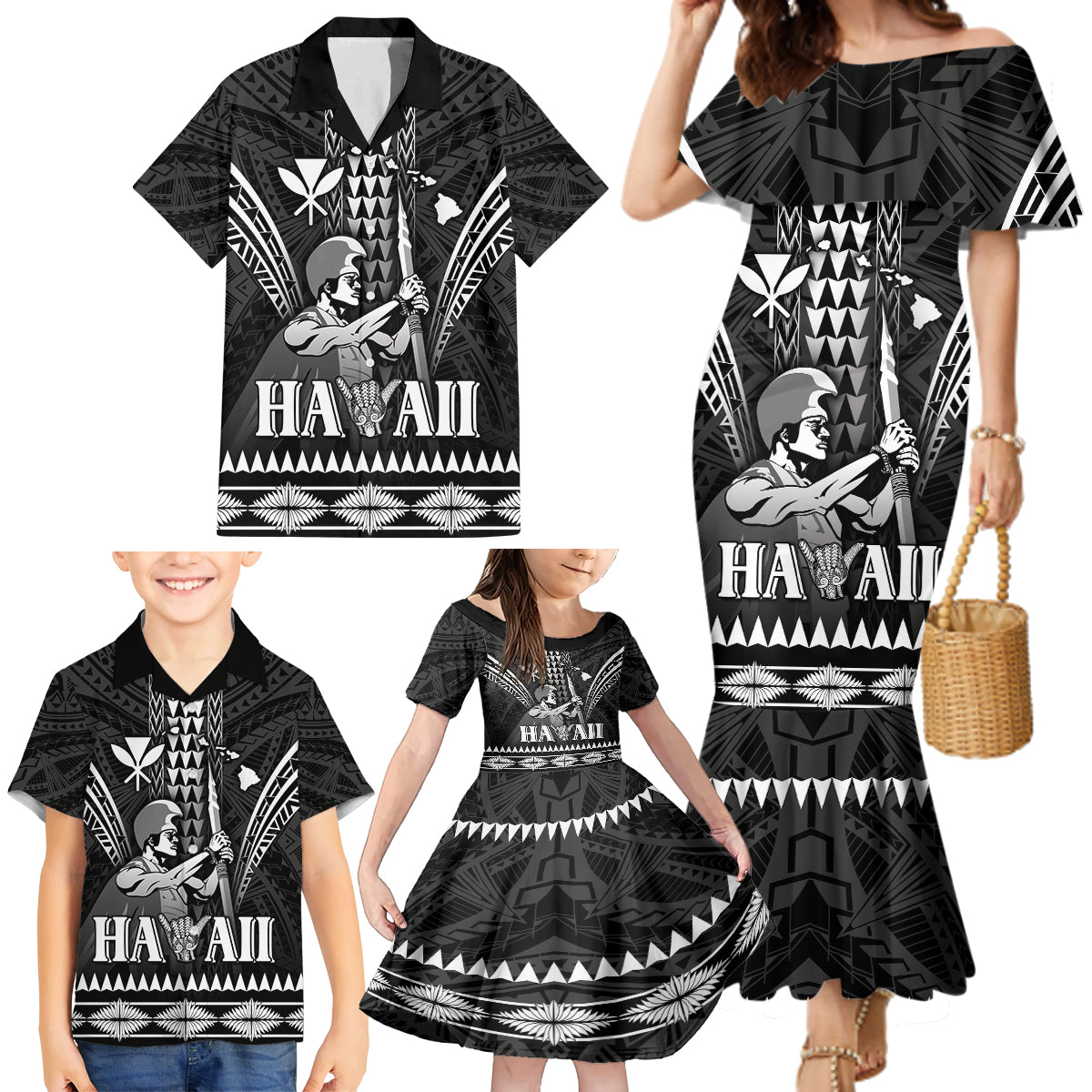 Personalised Hawaii Happy King Kamehameha Day Family Matching Mermaid Dress and Hawaiian Shirt Kakau Pattern LT05 - Polynesian Pride