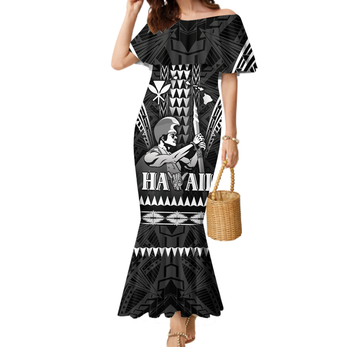 Personalised Hawaii Happy King Kamehameha Day Family Matching Mermaid Dress and Hawaiian Shirt Kakau Pattern LT05 Mom's Dress Black - Polynesian Pride