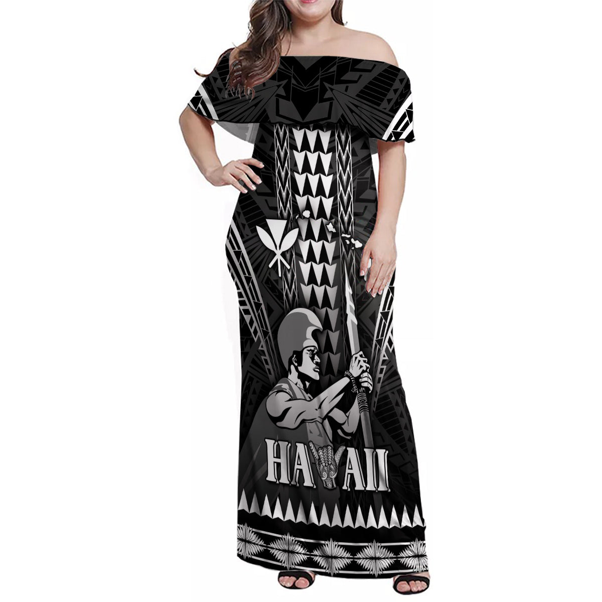 Personalised Hawaii Happy King Kamehameha Day Family Matching Off Shoulder Maxi Dress and Hawaiian Shirt Kakau Pattern LT05 Mom's Dress Black - Polynesian Pride