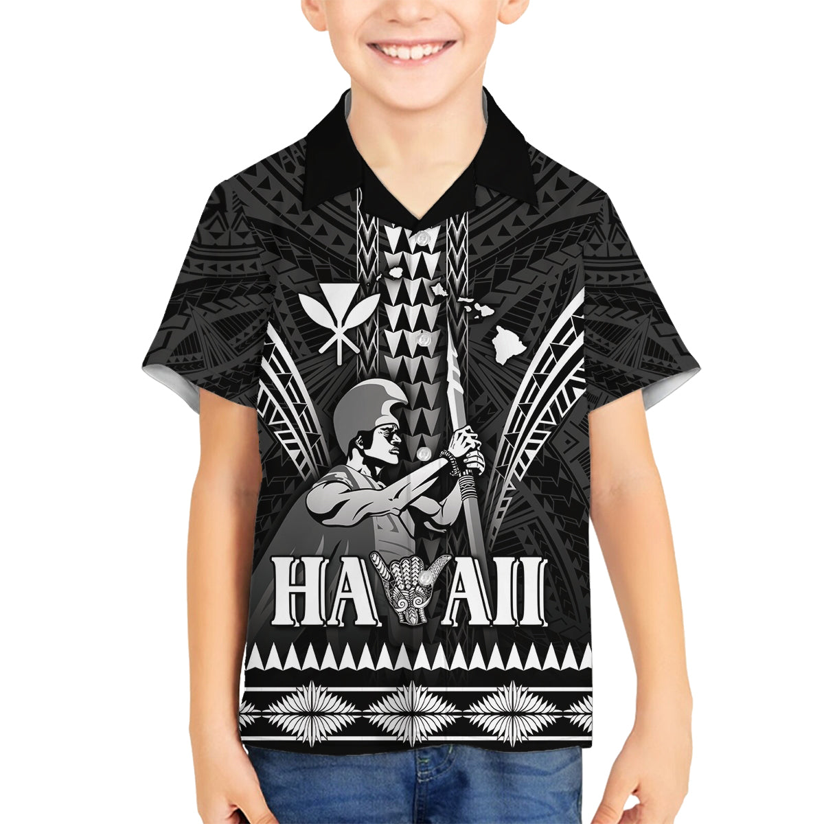 Personalised Hawaii Happy King Kamehameha Day Family Matching Off Shoulder Maxi Dress and Hawaiian Shirt Kakau Pattern LT05 Son's Shirt Black - Polynesian Pride