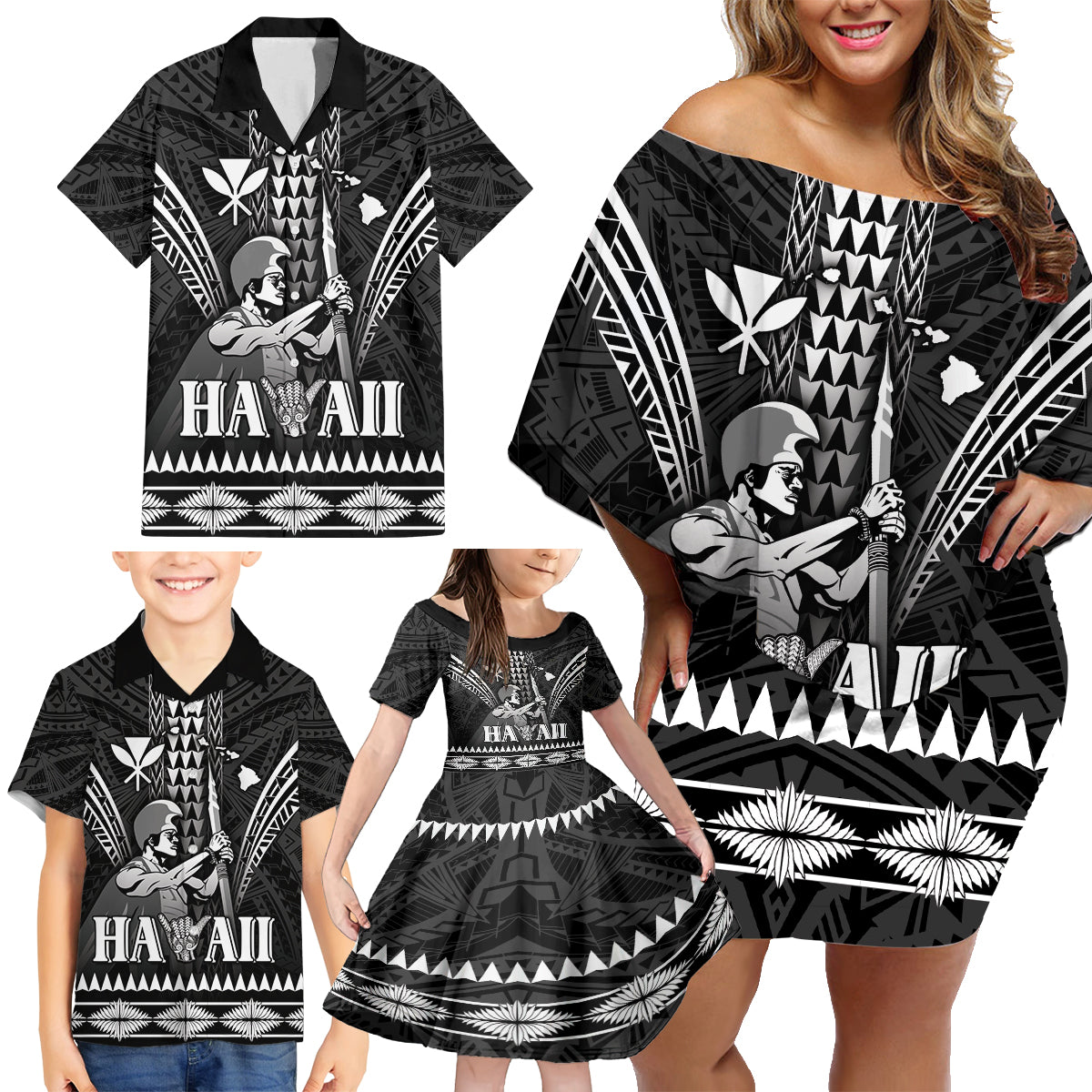 Personalised Hawaii Happy King Kamehameha Day Family Matching Off Shoulder Short Dress and Hawaiian Shirt Kakau Pattern LT05 - Polynesian Pride