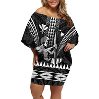 Personalised Hawaii Happy King Kamehameha Day Family Matching Off Shoulder Short Dress and Hawaiian Shirt Kakau Pattern LT05 Mom's Dress Black - Polynesian Pride