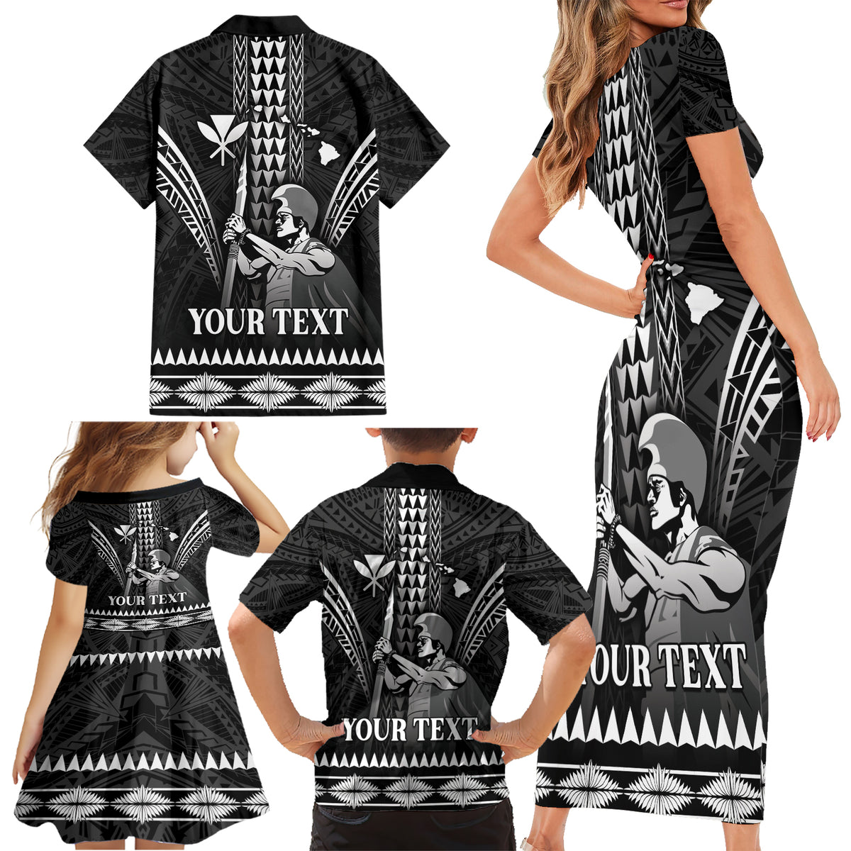 Personalised Hawaii Happy King Kamehameha Day Family Matching Short Sleeve Bodycon Dress and Hawaiian Shirt Kakau Pattern LT05 - Polynesian Pride