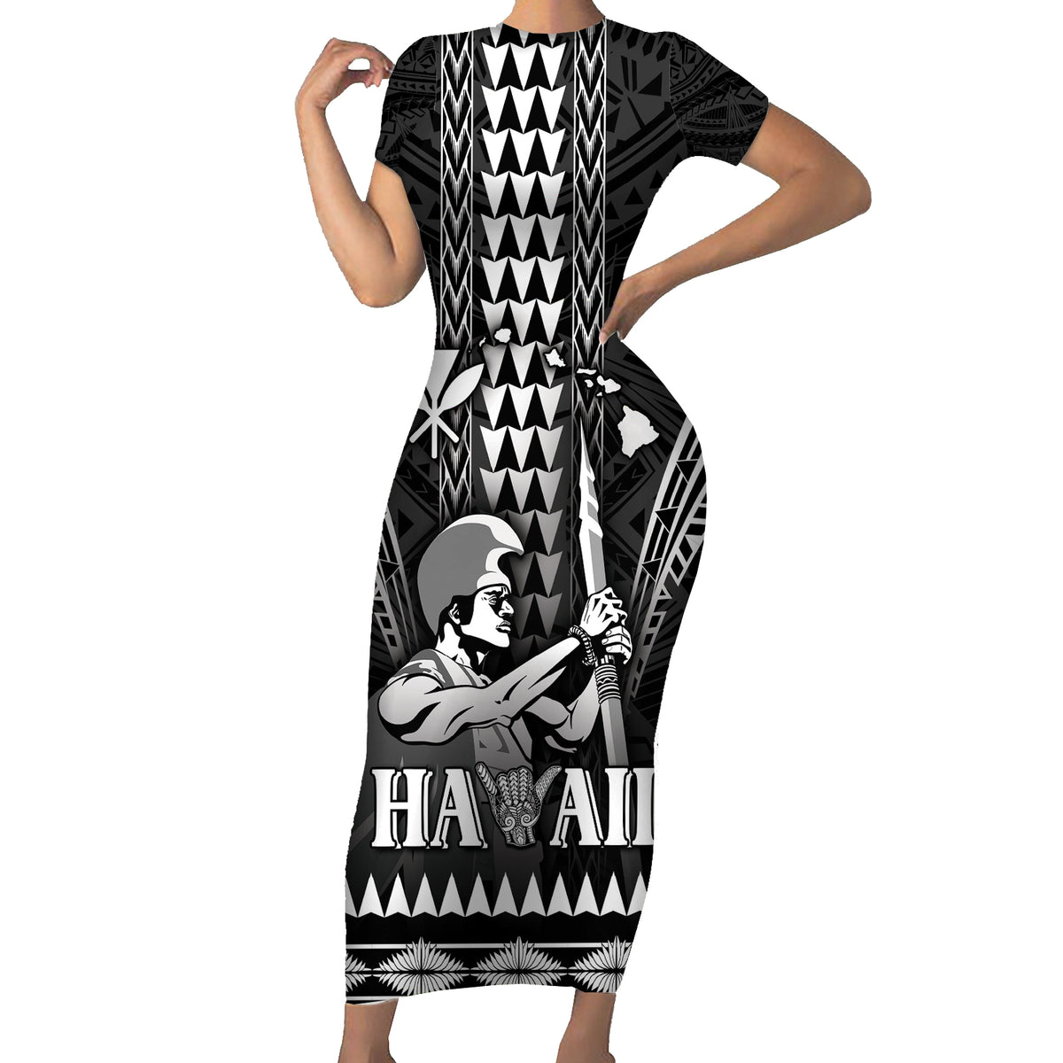 Personalised Hawaii Happy King Kamehameha Day Family Matching Short Sleeve Bodycon Dress and Hawaiian Shirt Kakau Pattern LT05 Mom's Dress Black - Polynesian Pride