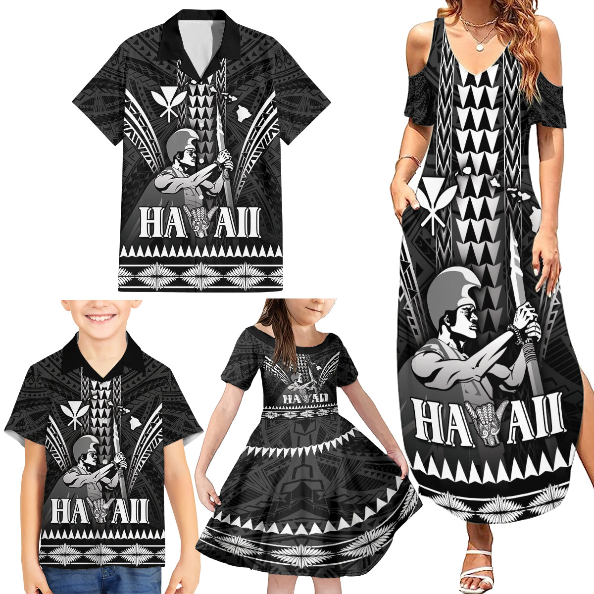 Personalised Hawaii Happy King Kamehameha Day Family Matching Summer Maxi Dress and Hawaiian Shirt Kakau Pattern LT05 - Polynesian Pride