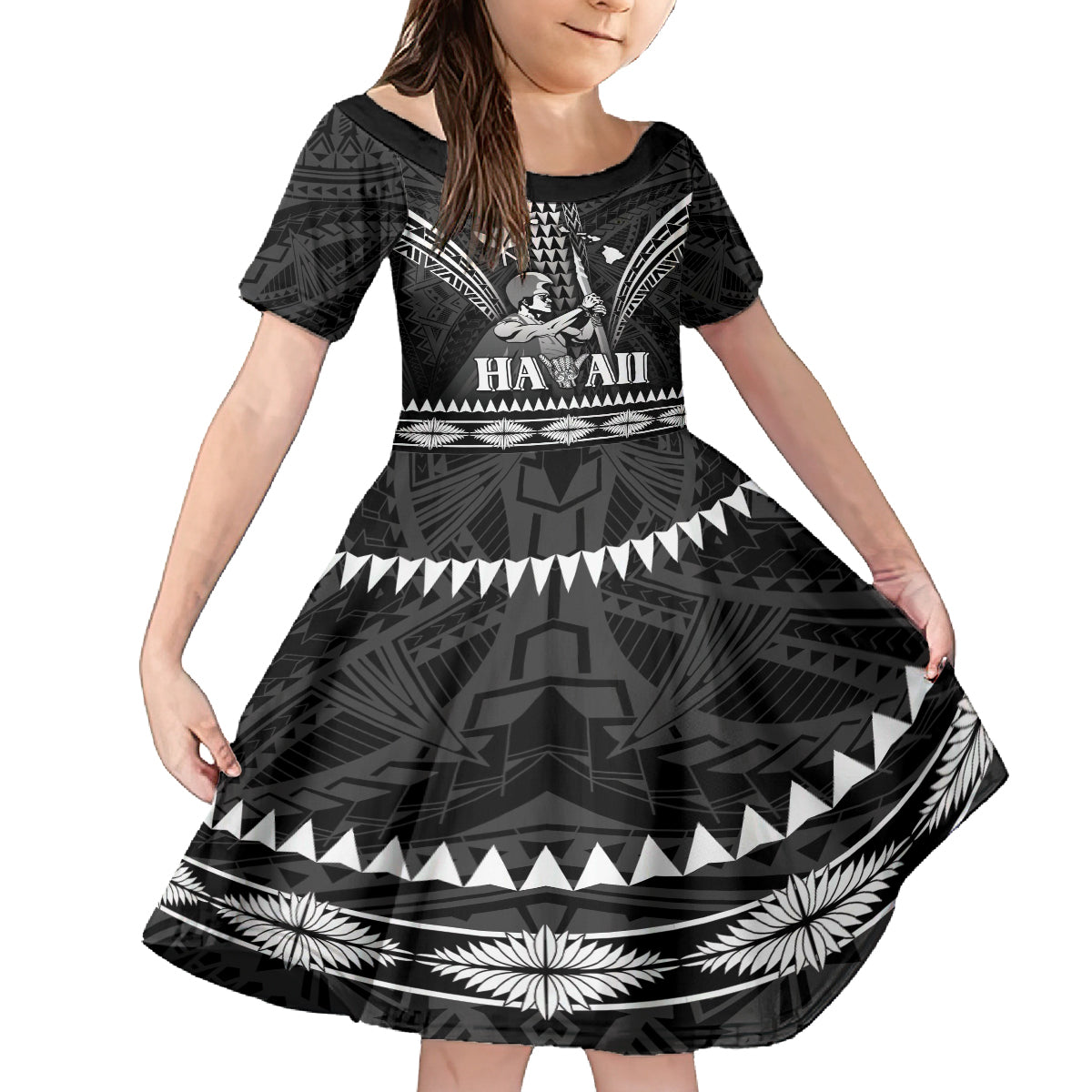 Personalised Hawaii Happy King Kamehameha Day Family Matching Tank Maxi Dress and Hawaiian Shirt Kakau Pattern LT05 Daughter's Dress Black - Polynesian Pride
