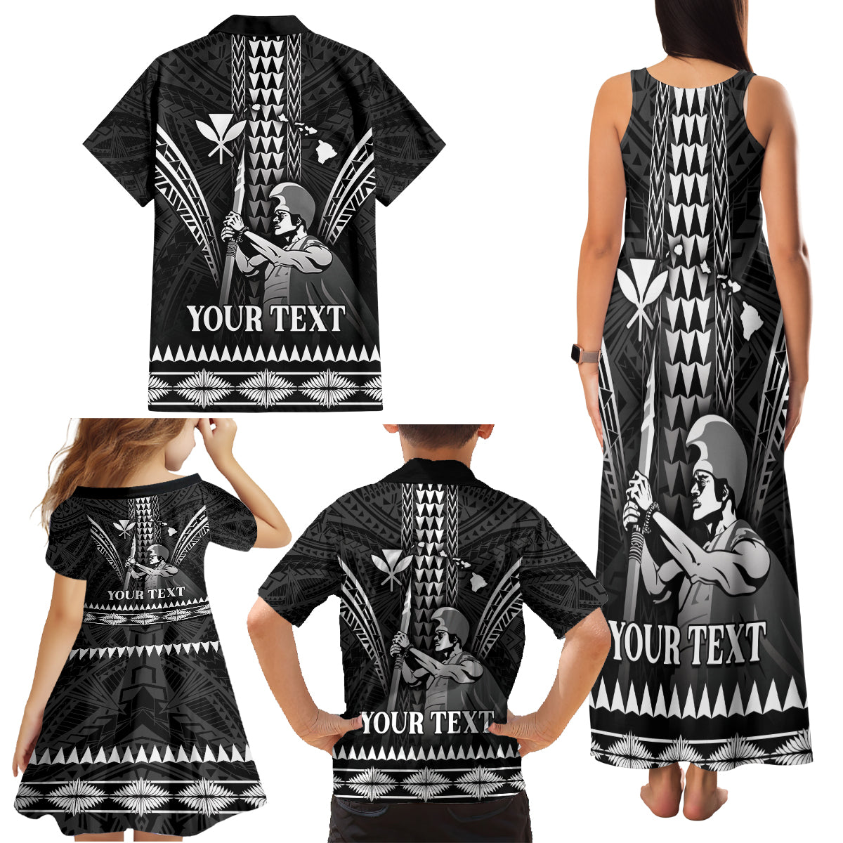 Personalised Hawaii Happy King Kamehameha Day Family Matching Tank Maxi Dress and Hawaiian Shirt Kakau Pattern LT05 - Polynesian Pride