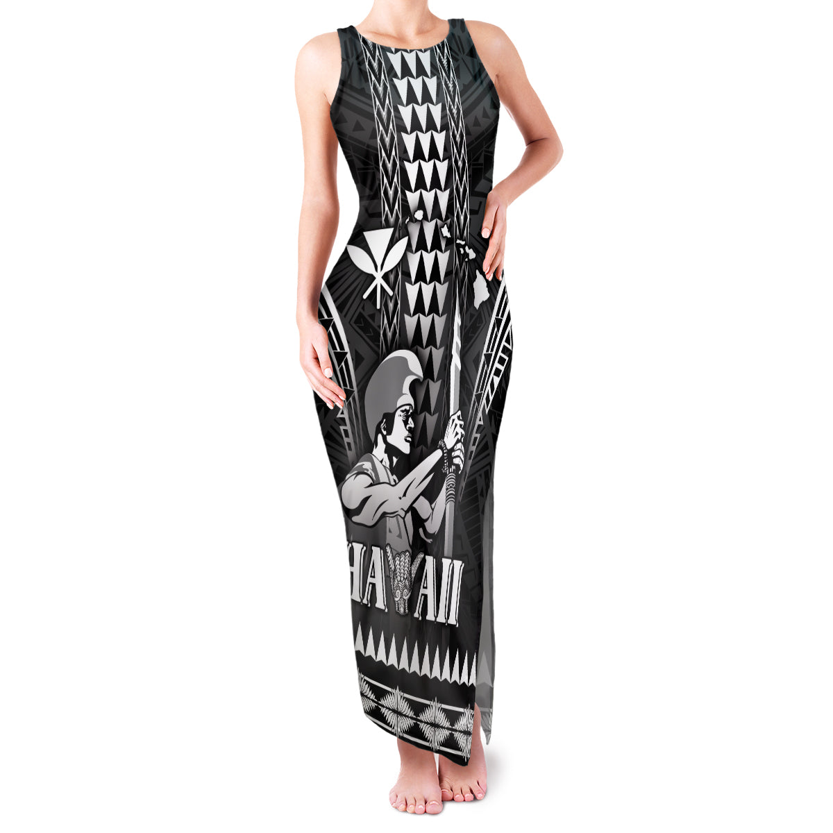 Personalised Hawaii Happy King Kamehameha Day Family Matching Tank Maxi Dress and Hawaiian Shirt Kakau Pattern LT05 Mom's Dress Black - Polynesian Pride