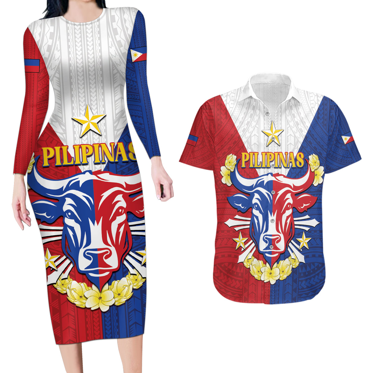 Personalised Philippines Independence Day Couples Matching Long Sleeve Bodycon Dress and Hawaiian Shirt Maligayang Araw ng Kalayaan Filipino Carabao LT05 Red - Polynesian Pride