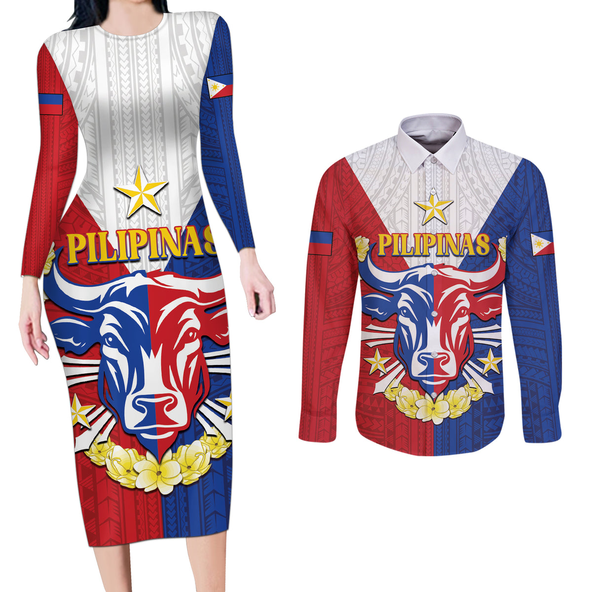 Personalised Philippines Independence Day Couples Matching Long Sleeve Bodycon Dress and Long Sleeve Button Shirt Maligayang Araw ng Kalayaan Filipino Carabao LT05 Red - Polynesian Pride