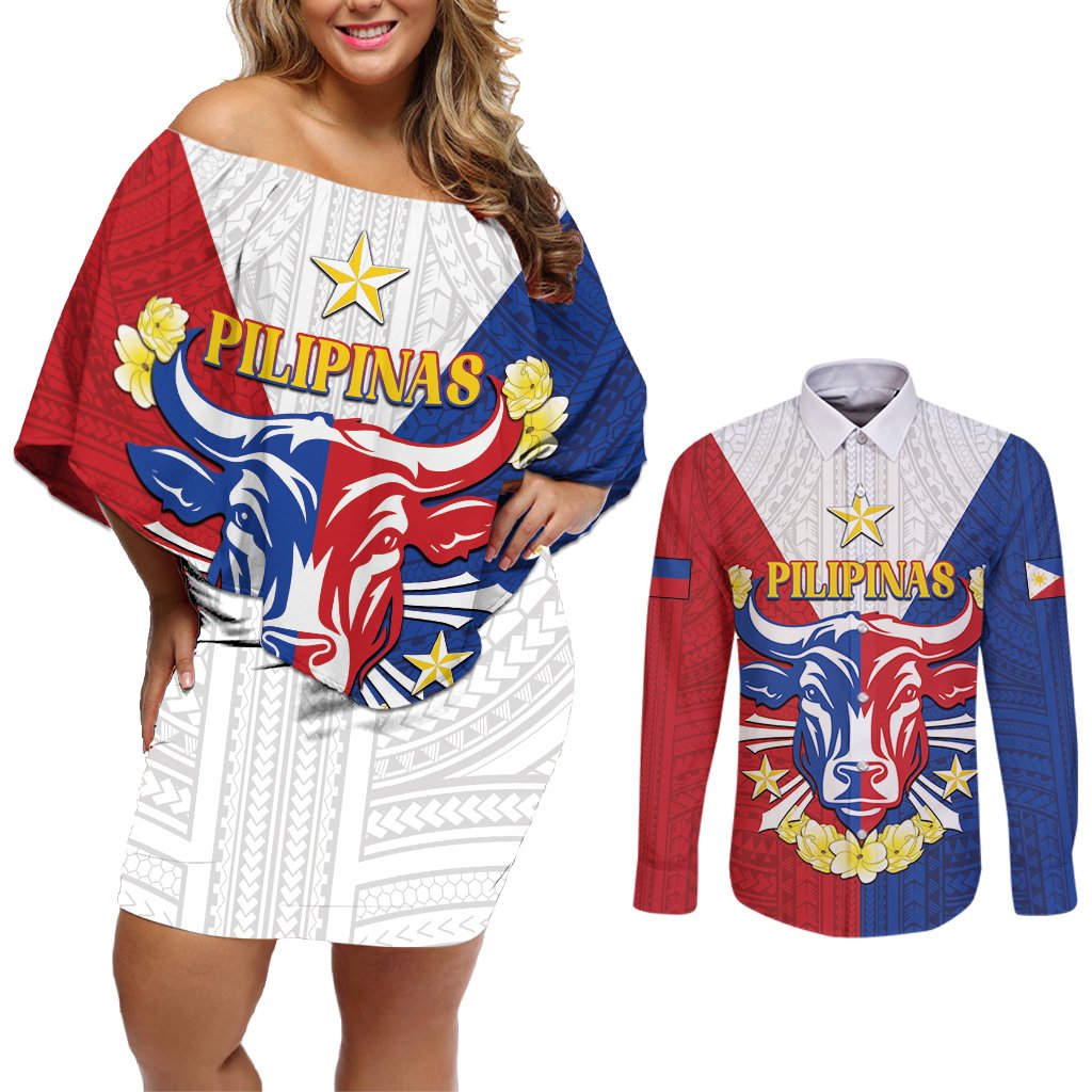 Personalised Philippines Independence Day Couples Matching Off Shoulder Short Dress and Long Sleeve Button Shirt Maligayang Araw ng Kalayaan Filipino Carabao LT05 Red - Polynesian Pride