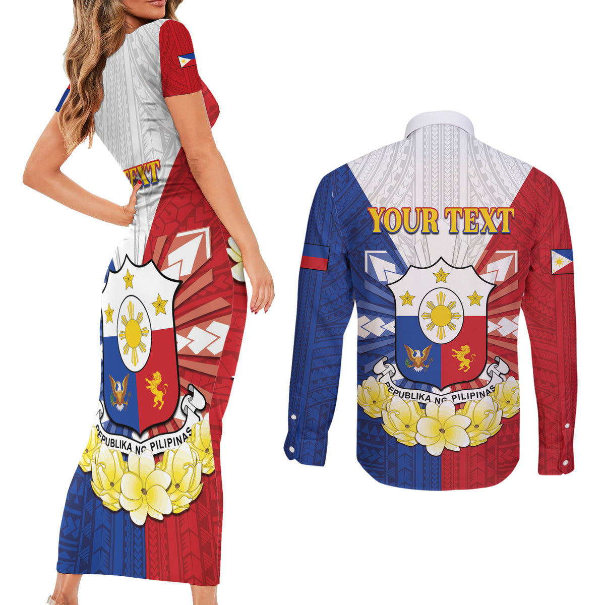 Personalised Philippines Independence Day Couples Matching Short Sleeve Bodycon Dress and Long Sleeve Button Shirt Maligayang Araw ng Kalayaan Filipino Carabao LT05 - Polynesian Pride