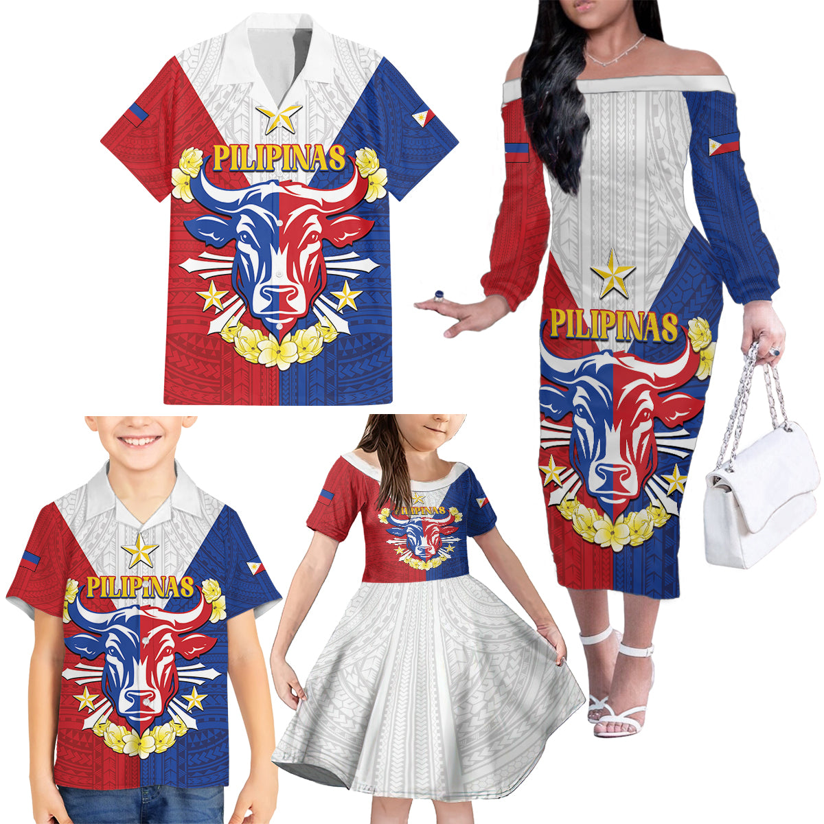 Personalised Philippines Independence Day Family Matching Off The Shoulder Long Sleeve Dress and Hawaiian Shirt Maligayang Araw ng Kalayaan Filipino Carabao LT05 - Polynesian Pride