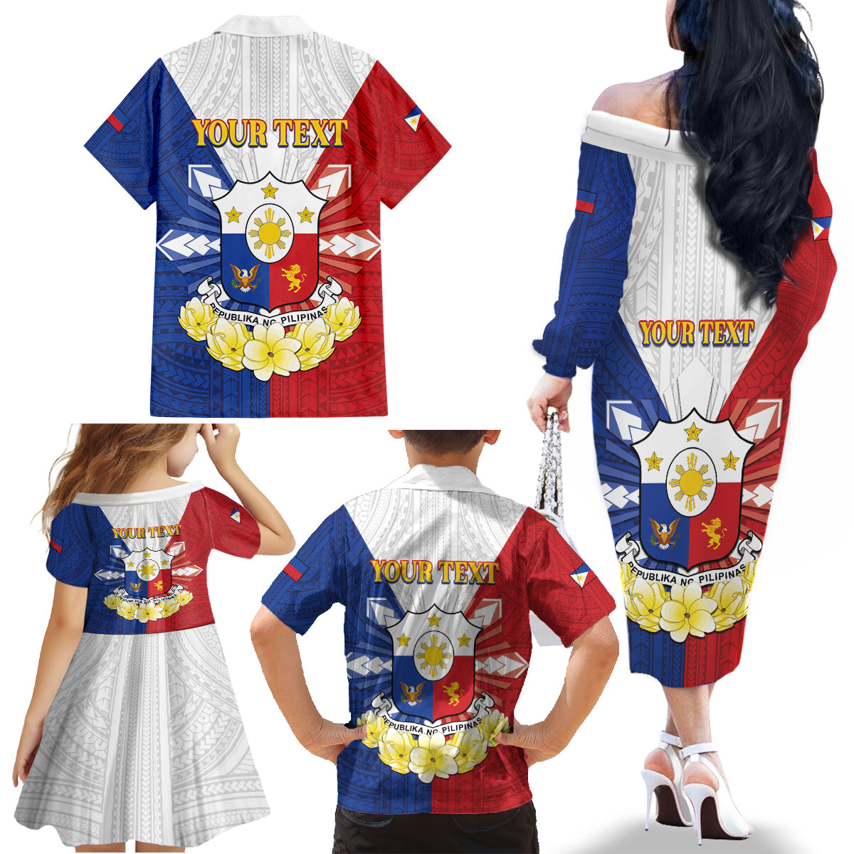 Personalised Philippines Independence Day Family Matching Off The Shoulder Long Sleeve Dress and Hawaiian Shirt Maligayang Araw ng Kalayaan Filipino Carabao LT05 - Polynesian Pride